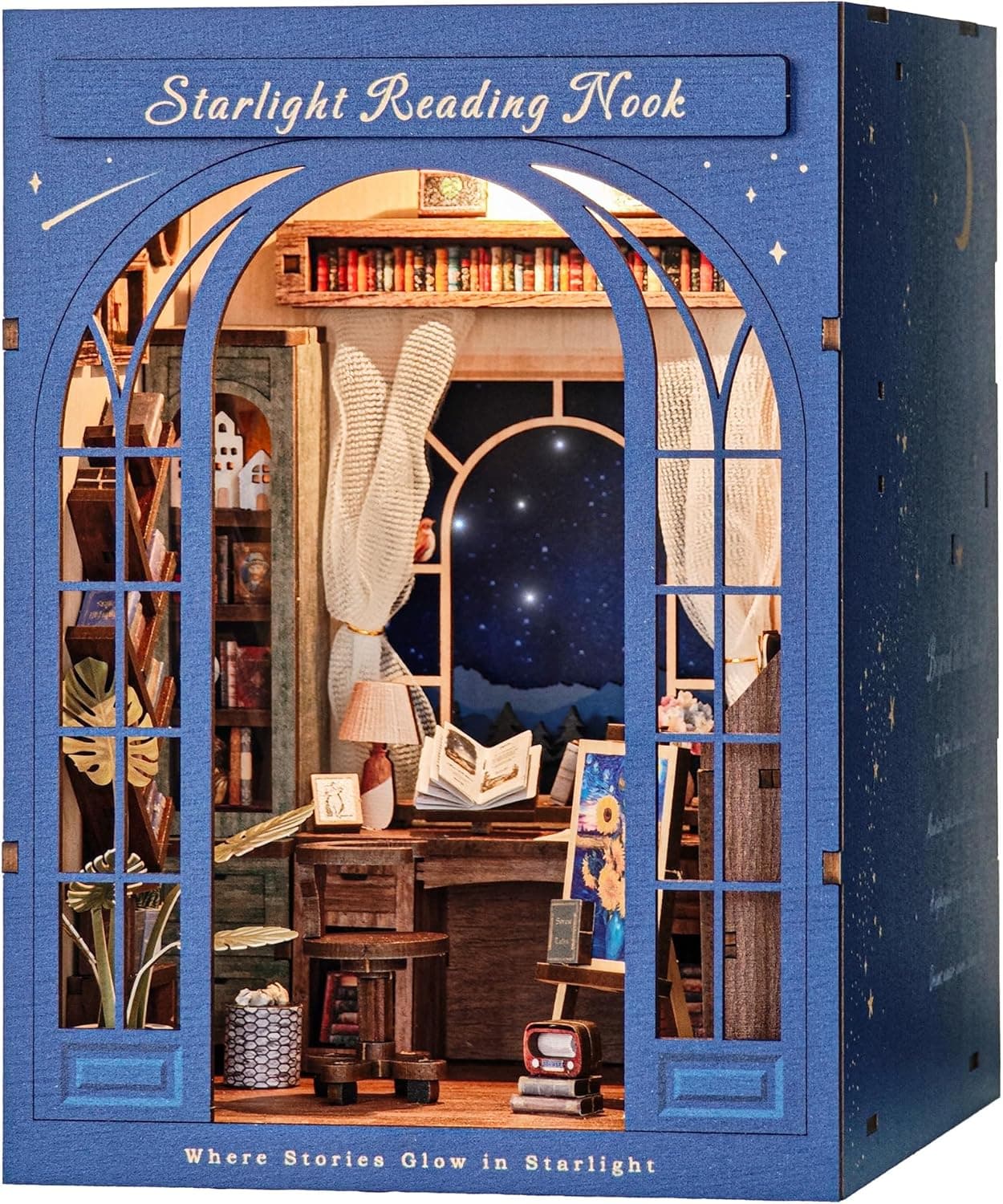 DIY Book Nook Kit - Bookshelf Insert Decor - DIY miniature house kit with LED lights displayed on a white background