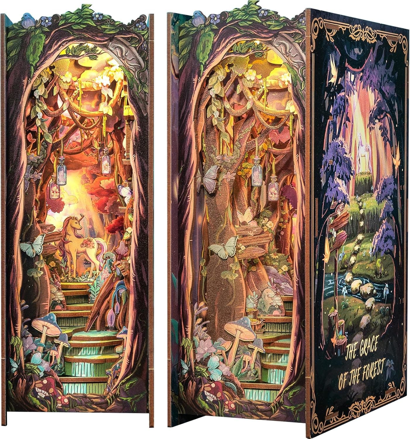 Book Nook Kit - library with LED Bookshelf Decor - DIY miniature house kit with LED lights displayed on a white background