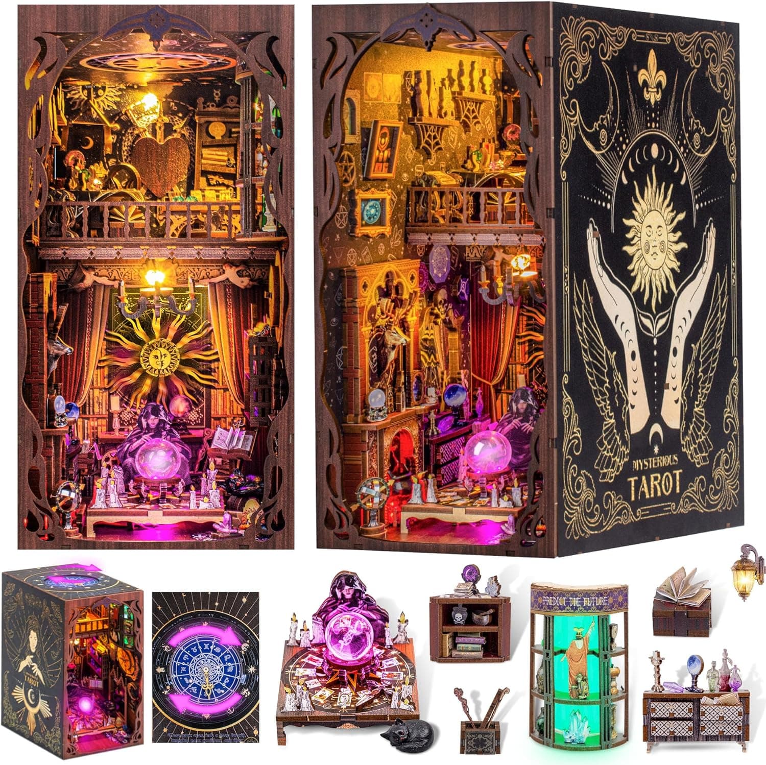 Book Nook Kit - library with LED Bookshelf Decor - DIY miniature house kit with LED lights displayed on a white background