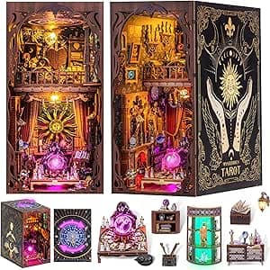 Book Nook Kit - library with LED Bookshelf Decor - DIY miniature house kit displayed on a white background