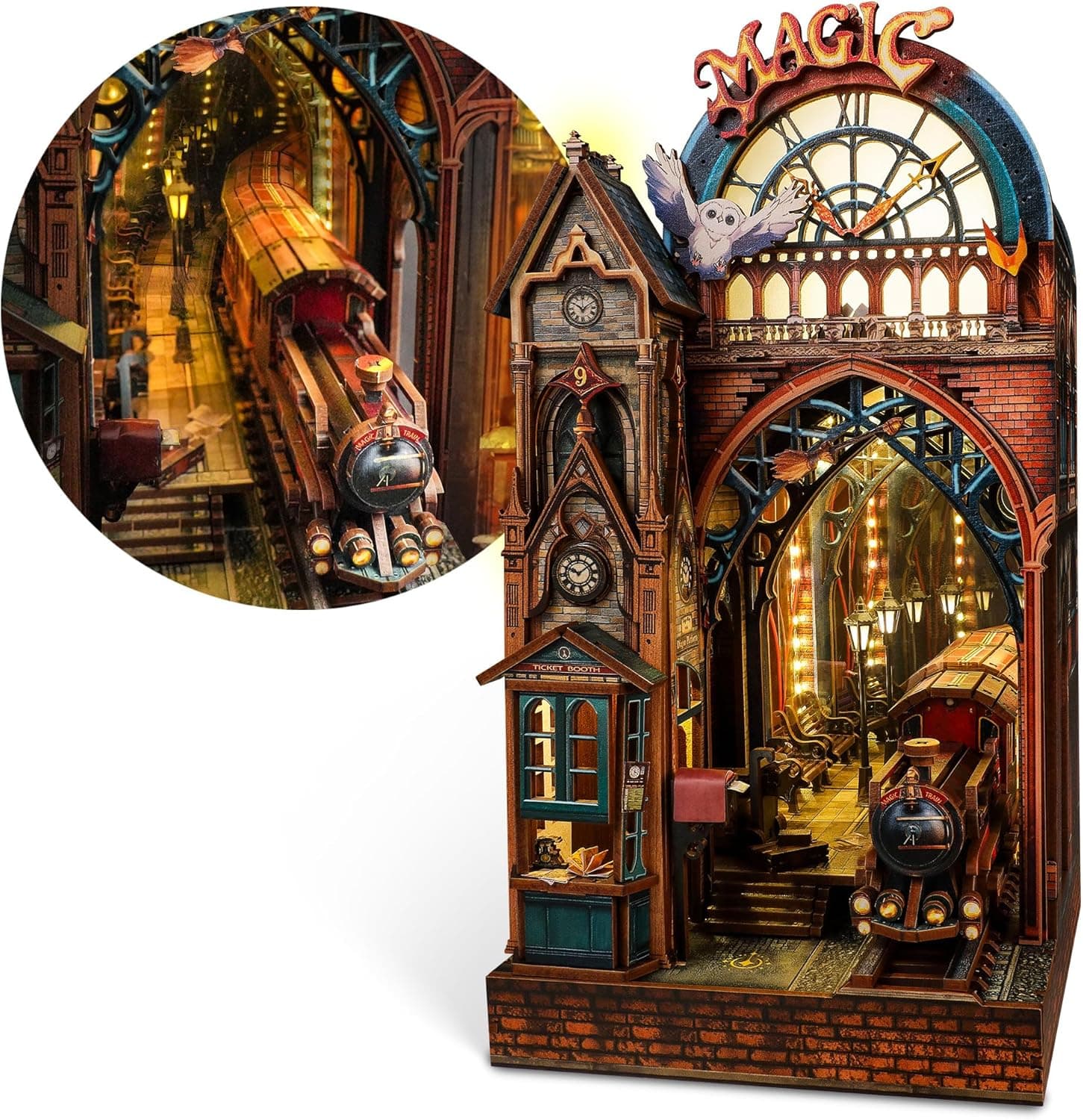 Book Nook Kit - magic with LED Bookshelf Decor - DIY miniature house kit with LED lights displayed on a white background