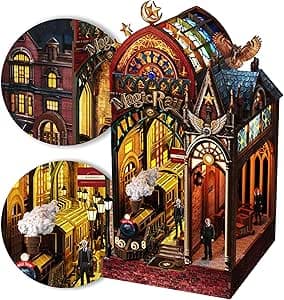 Book Nook Kit - library with LED Bookshelf Decor - DIY miniature house kit with LED lights displayed on a white background