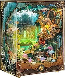 DIY Book Nook Kit - Bookshelf Insert Decor - DIY miniature house kit with LED lights displayed on a white background