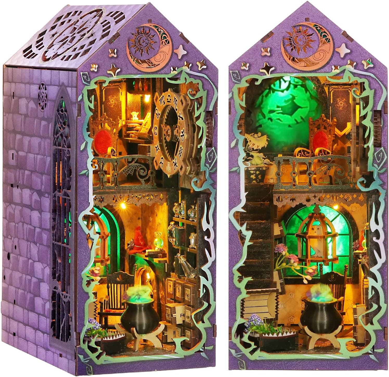 Book Nook Kit - magic Bookshelf Decor - DIY miniature house kit with LED lights displayed on a white background