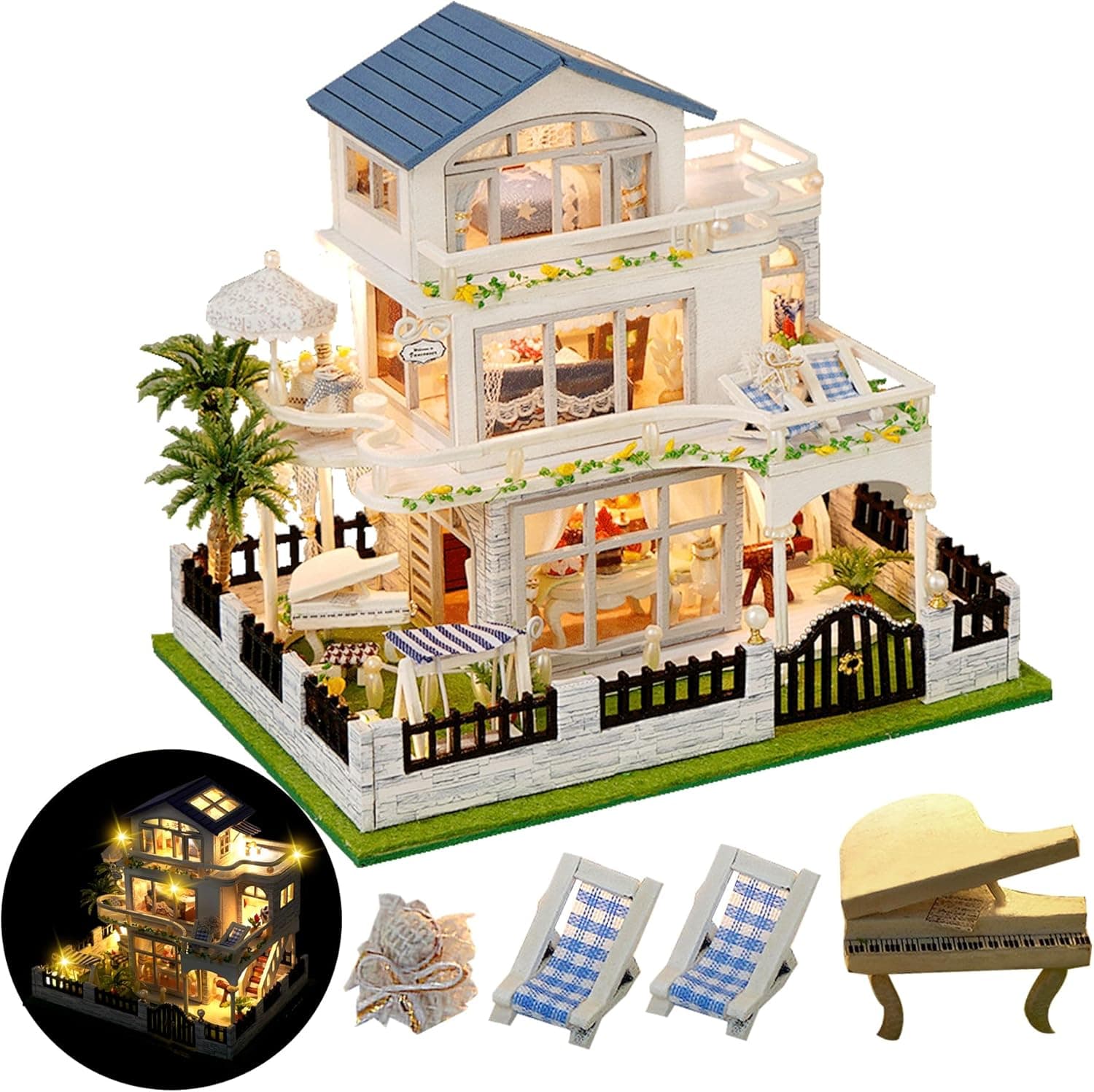 DIY Miniature House Kit - Dollhouse with LED - DIY miniature house kit with LED lights displayed on a white background
