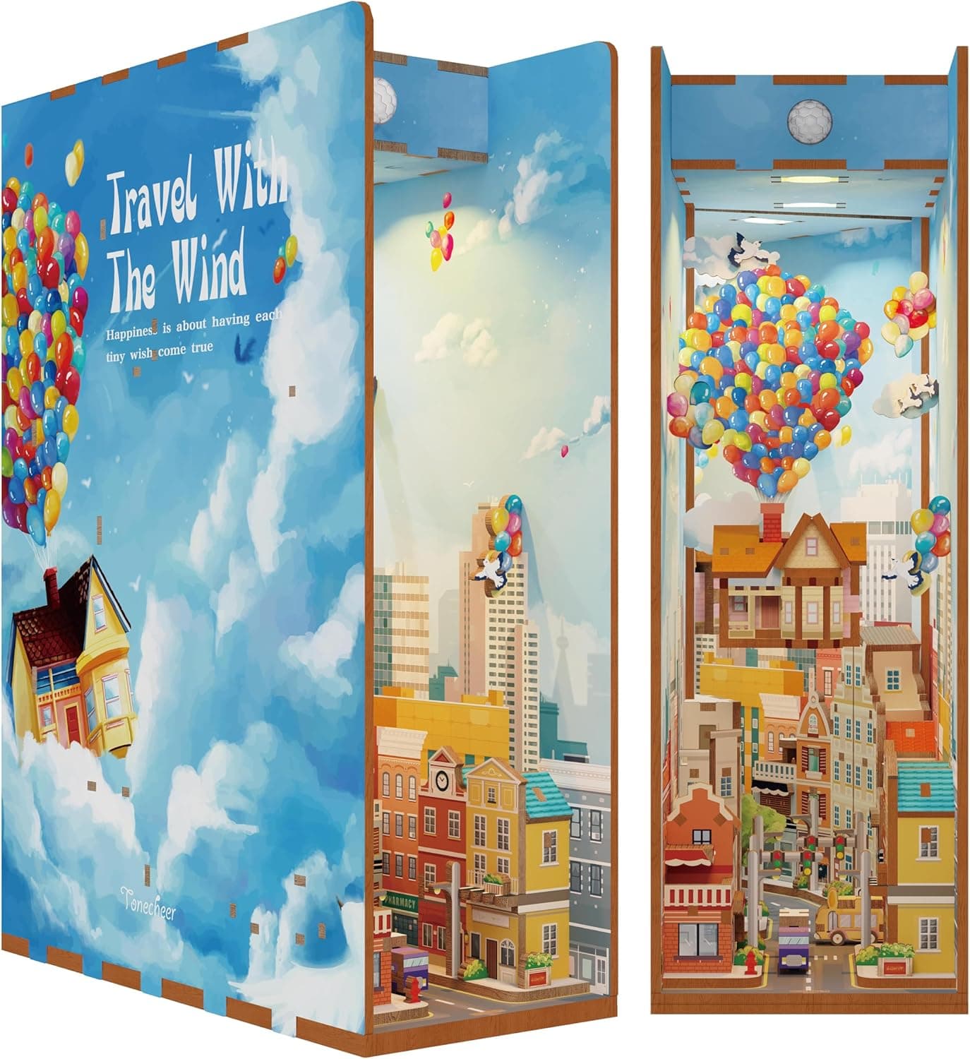 Book Nook Kit - library Bookshelf Decor - DIY miniature house kit with LED lights displayed on a white background