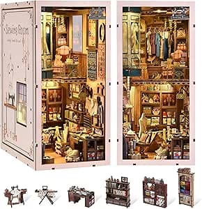 Book Nook Kit - Sewing Room with LED - DIY miniature house kit with LED lights displayed on a white background