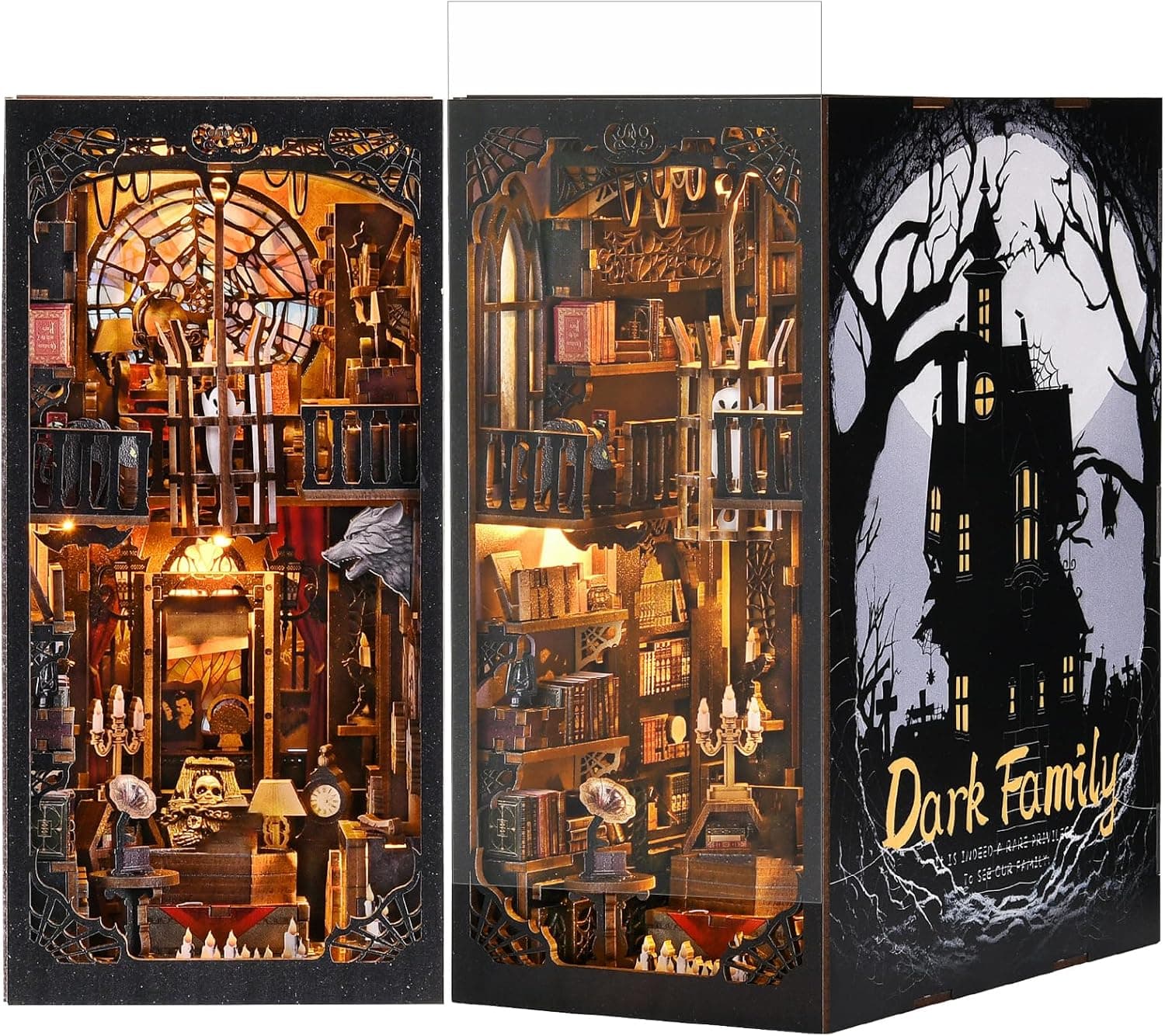 DIY Book Nook Kit - Bookshelf Insert Decor - DIY miniature house kit with LED lights displayed on a white background