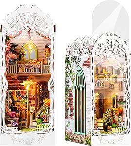 Book Nook Kit - room with LED Bookshelf Decor - DIY miniature house kit with LED lights displayed on a white background