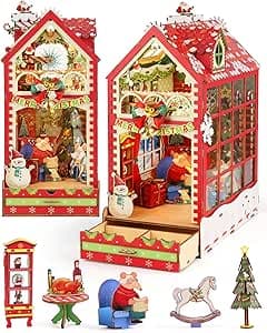 Book Nook Kit - christmas Bookshelf Decor - DIY miniature house kit with LED lights displayed on a white background