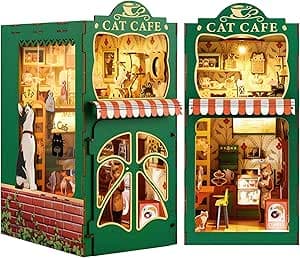 Book Nook Kit - cat 3D Wooden Bookshelf Decor - DIY miniature house kit with LED lights displayed on a white background