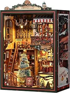 Book Nook Kit - shop with LED Bookshelf Decor - DIY miniature house kit with LED lights displayed on a white background