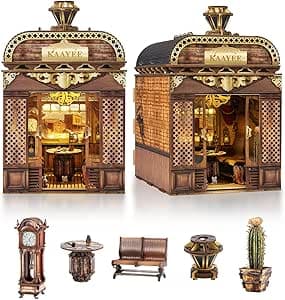 Book Nook Kit - train 3D Wooden Bookshelf Decor - DIY miniature house kit with LED lights displayed on a white background