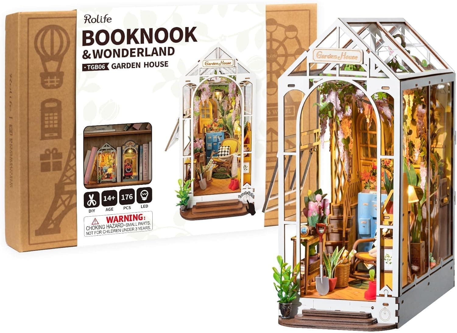 Book Nook Kit with LED - Bookshelf Decor - DIY miniature house kit with LED lights displayed on a white background
