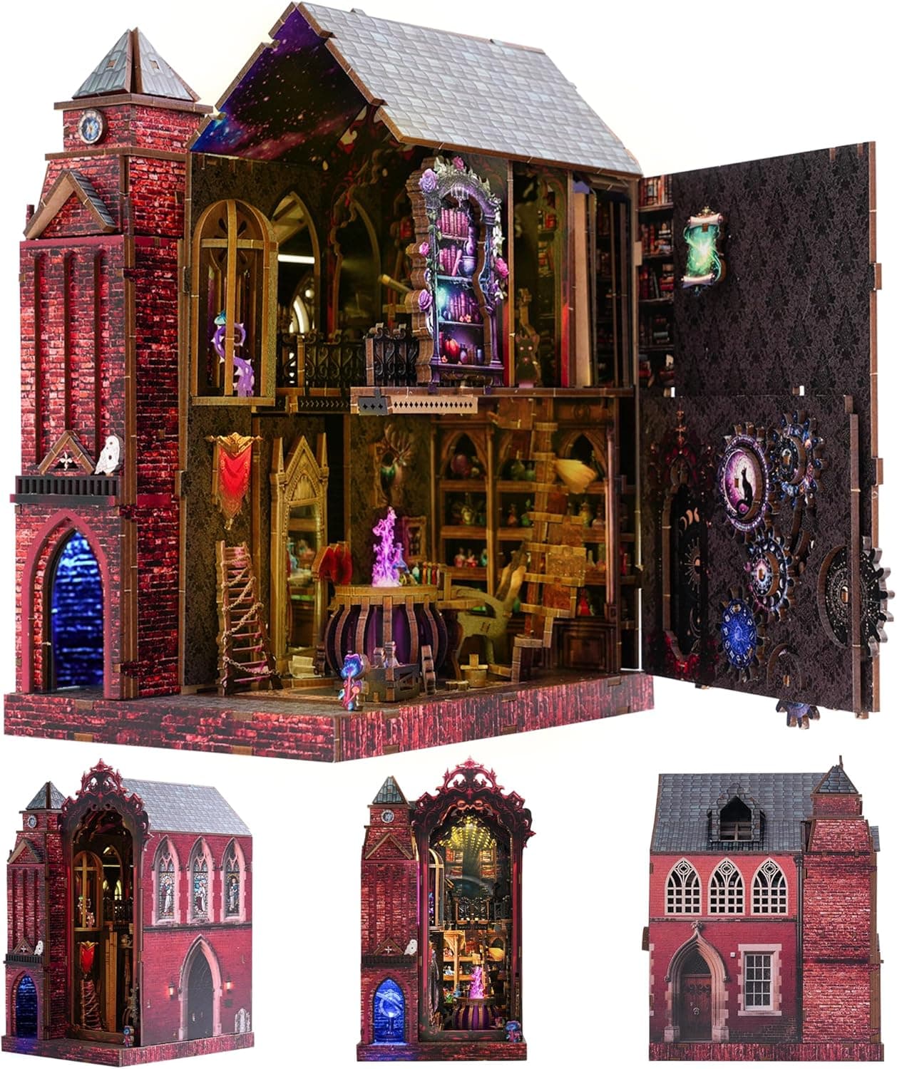 Book Nook Kit - library Bookshelf Decor - DIY miniature house kit with LED lights displayed on a white background