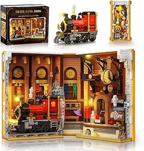 Book Nook Kit - train with LED Bookshelf Decor - DIY miniature house kit with LED lights displayed on a white background