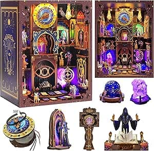 Book Nook Kit - fantasy with LED Bookshelf Decor - DIY miniature house kit with LED lights displayed on a white background