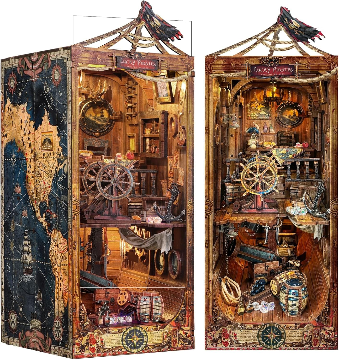 Book Nook Kit - library Bookshelf Decor - DIY miniature house kit with LED lights displayed on a white background