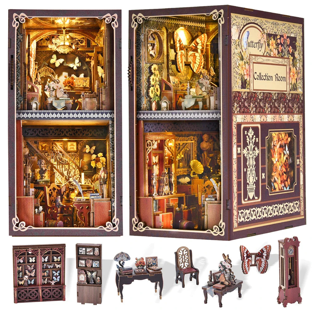 Butterfly Book nook kit Wooden 3D Puzzle DIY Dollhouse Bookshelf Building Model Kit Production High Quality Toys