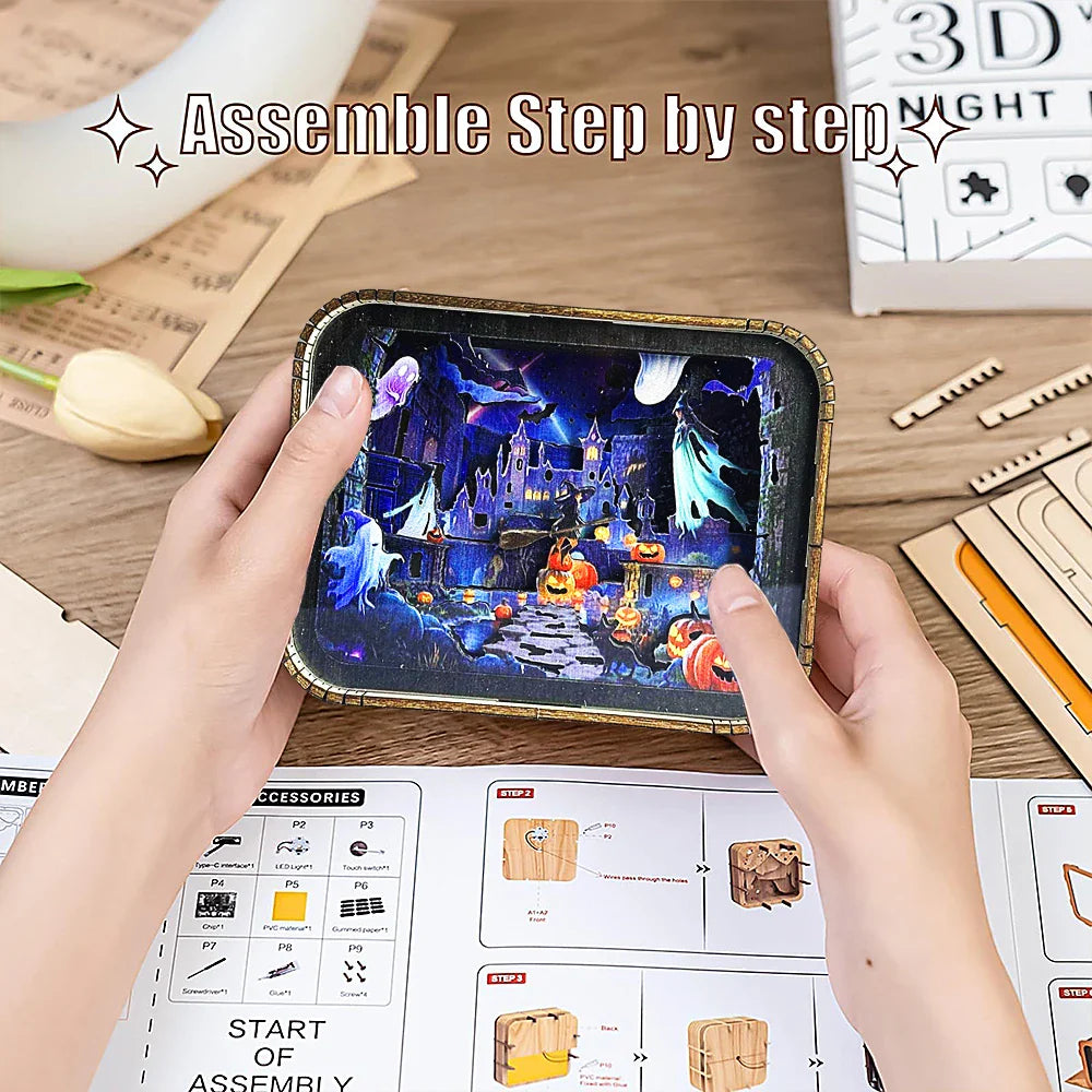Haunted Castle 3D Wooden DIY Night Light Kit – Halloween Edition  