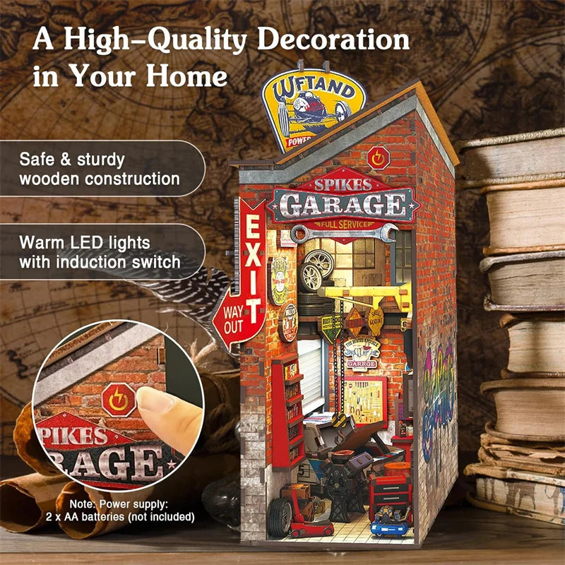 Mechanic Garage Book Nook – Retro DIY Car Repair Miniature Kit with LED Lights  