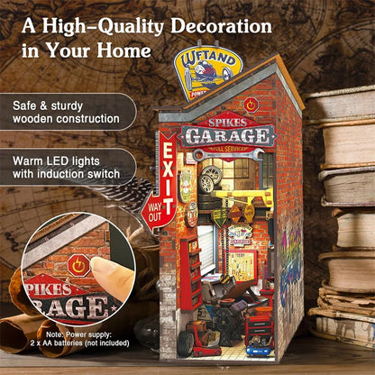 Mechanic Garage Book Nook – Retro DIY Car Repair Miniature Kit with LED Lights  