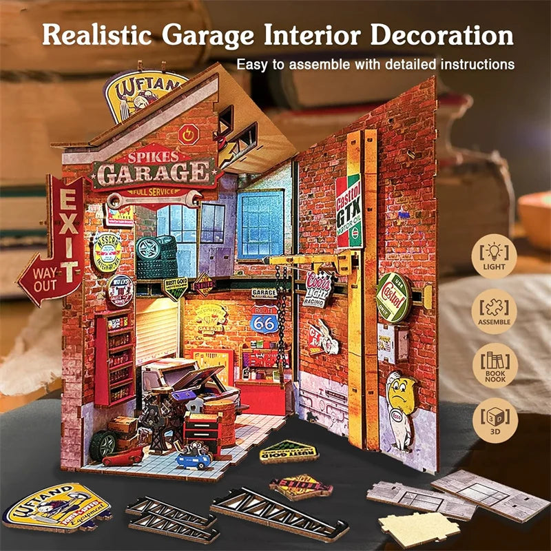 Mechanic Garage Book Nook – Retro DIY Car Repair Miniature Kit with LED Lights  