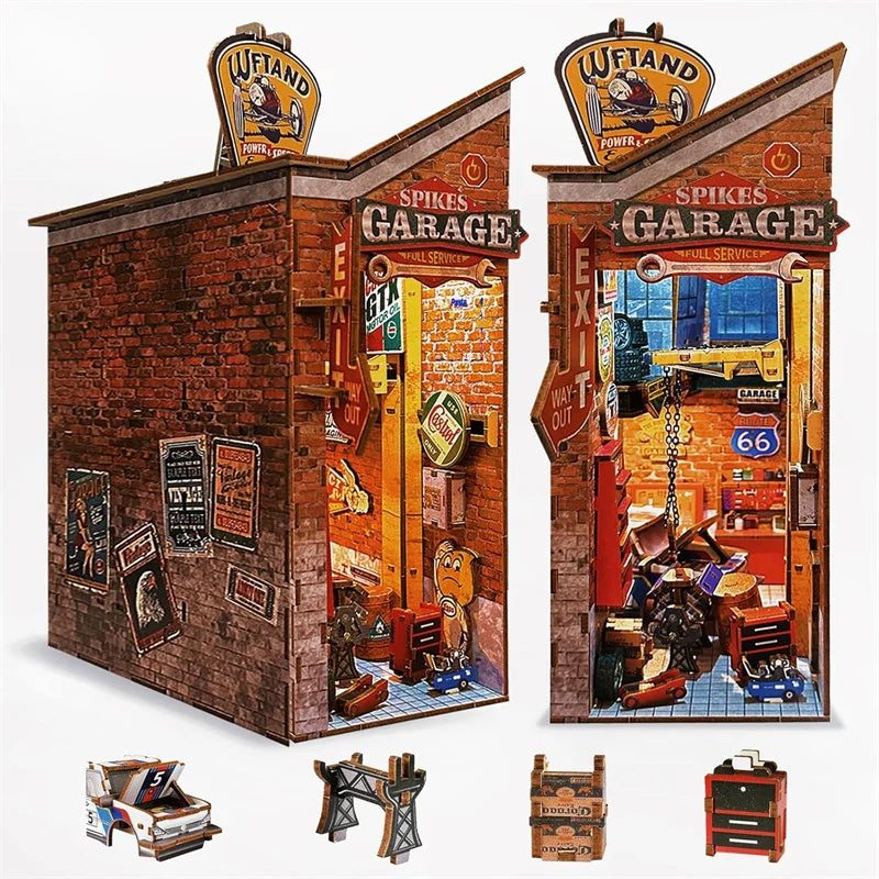 Mechanic Garage Book Nook – Retro DIY Car Repair Miniature Kit with LED Lights  