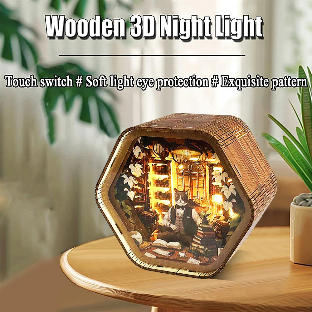 Professor Cat’s Library – DIY Wooden 3D Night Light Kit  