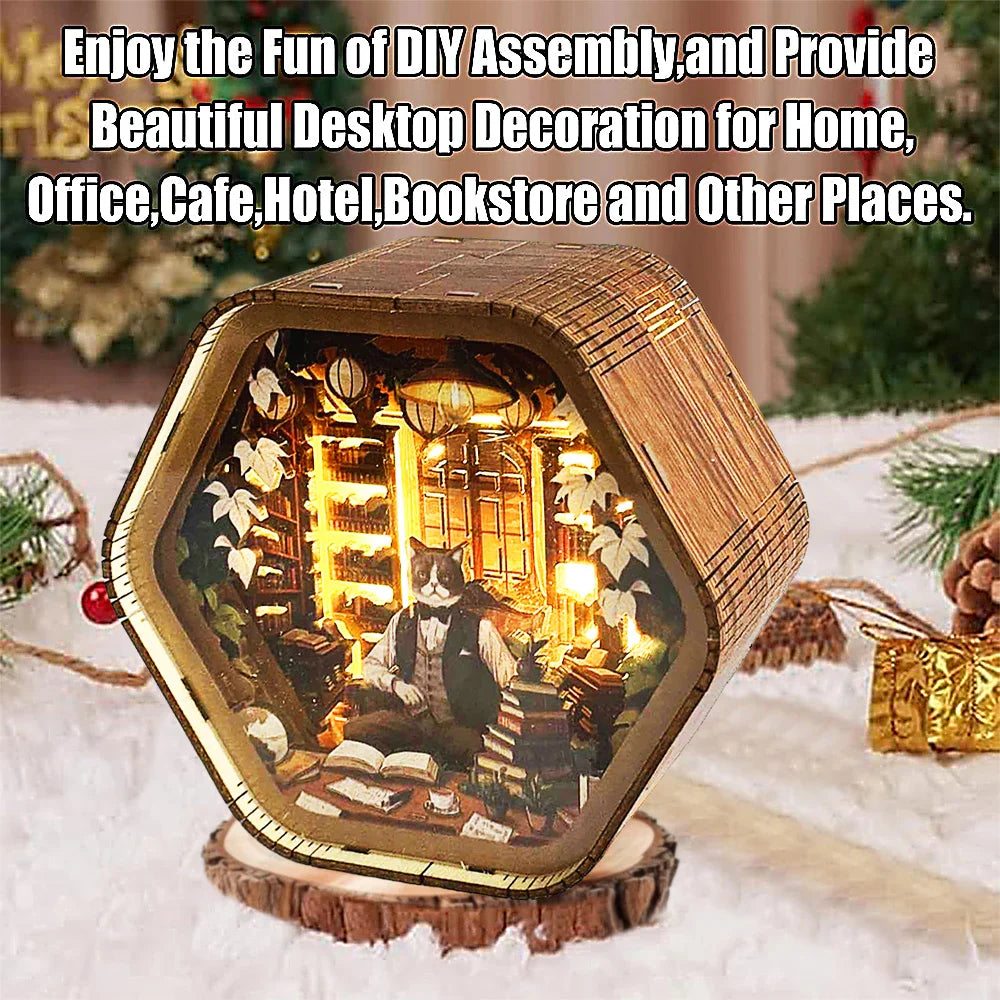 Professor Cat’s Library – DIY Wooden 3D Night Light Kit  