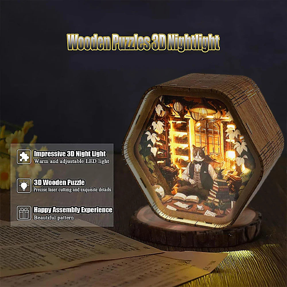 Professor Cat’s Library – DIY Wooden 3D Night Light Kit  