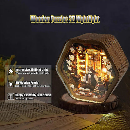 Professor Cat’s Library – DIY Wooden 3D Night Light Kit  