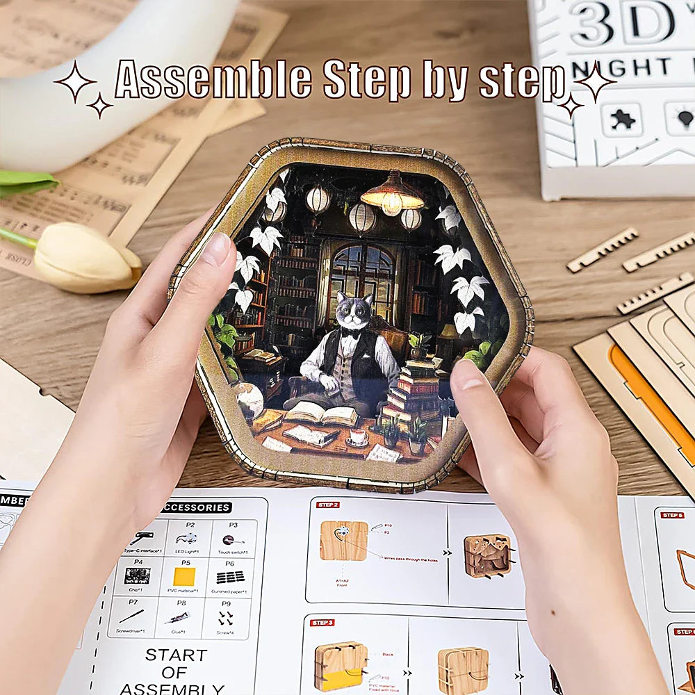 Professor Cat’s Library – DIY Wooden 3D Night Light Kit  