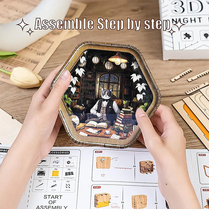 Professor Cat’s Library – DIY Wooden 3D Night Light Kit  