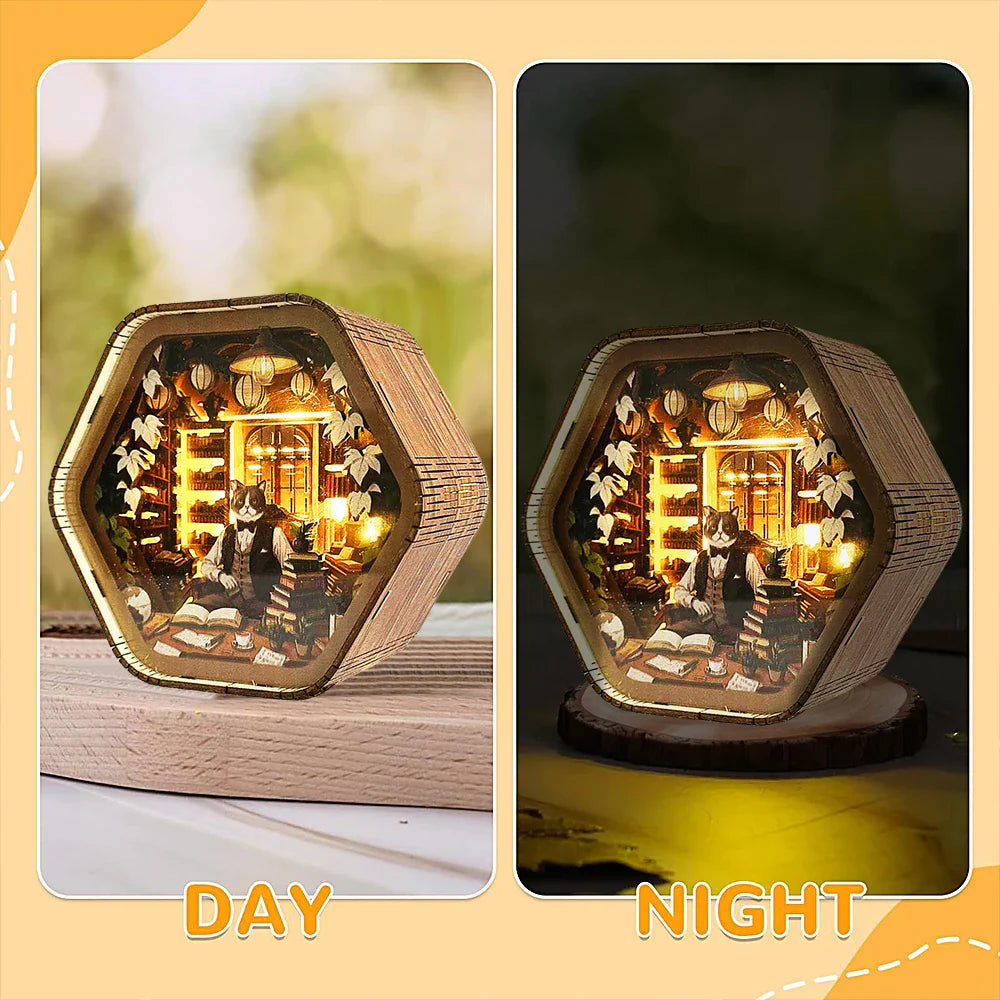 Professor Cat’s Library – DIY Wooden 3D Night Light Kit  