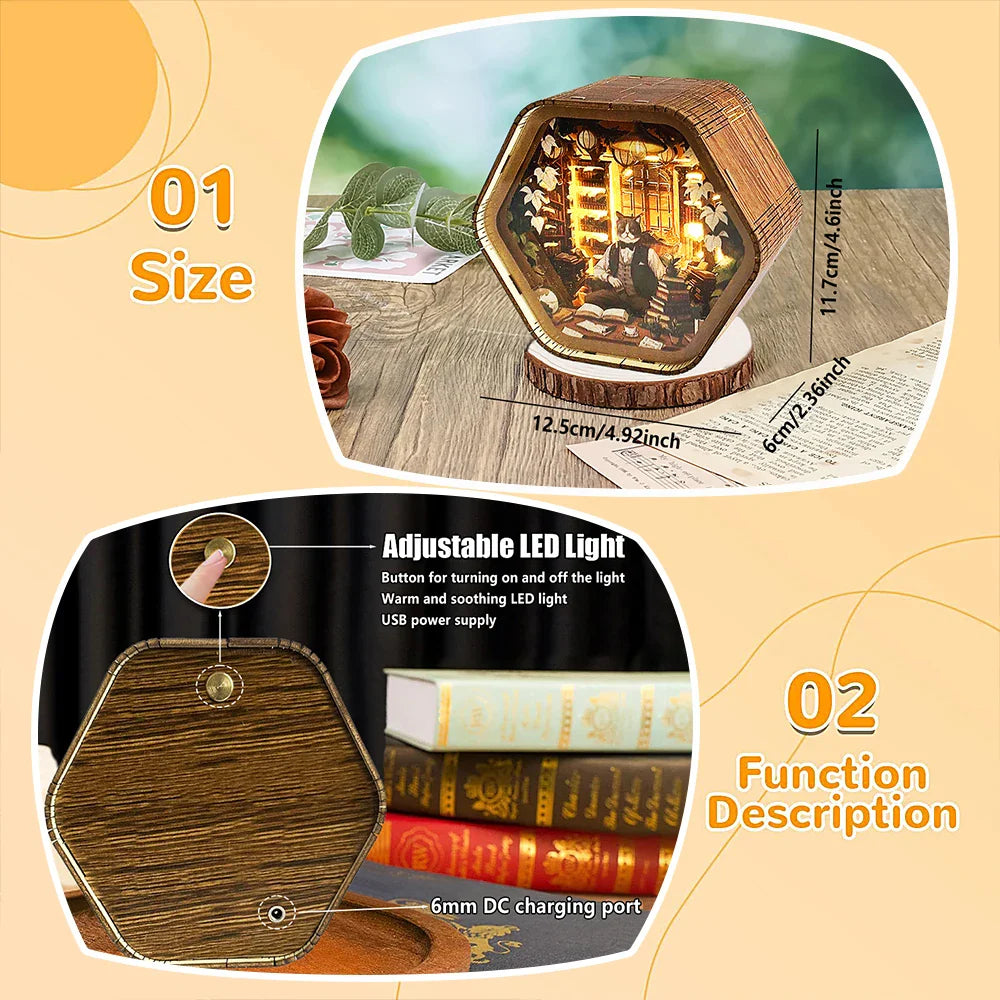 Professor Cat’s Library – DIY Wooden 3D Night Light Kit  