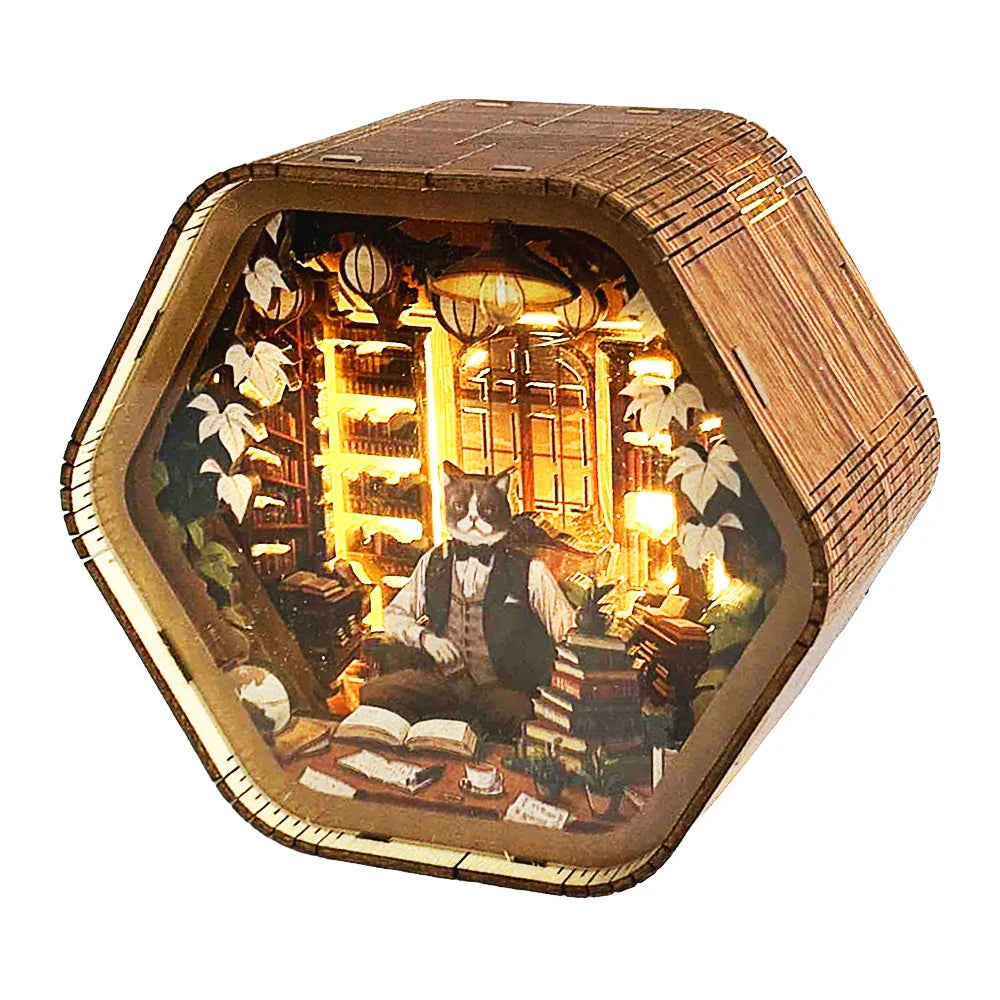 Professor Cat’s Library – DIY Wooden 3D Night Light Kit  