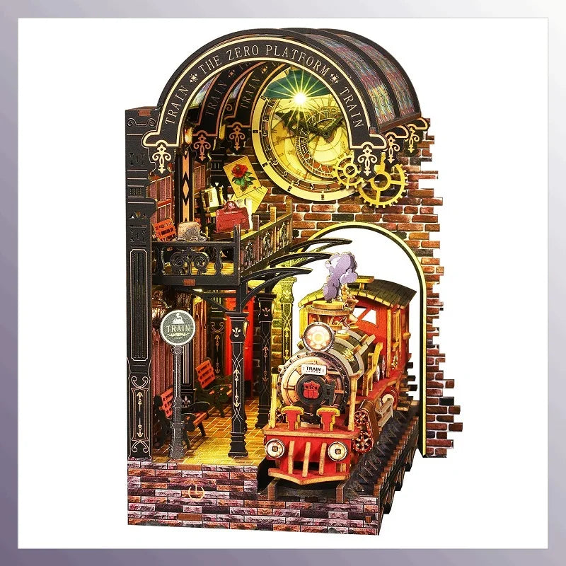 Diy Wooden Book Nook Shelf Insert Kit Miniature Model The Zero Platform Train Bookend Doll House Decor For Birthday Gifts