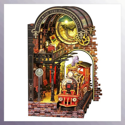 Diy Wooden Book Nook Shelf Insert Kit Miniature Model The Zero Platform Train Bookend Doll House Decor For Birthday Gifts