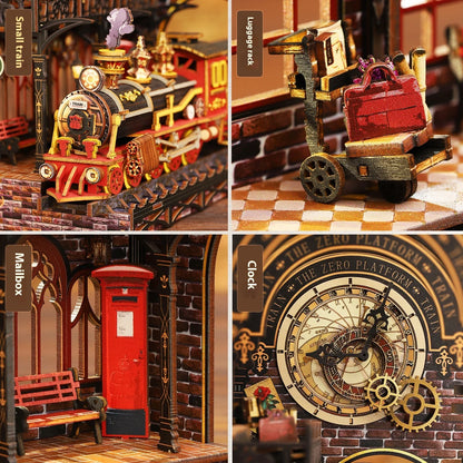 Diy Wooden Book Nook Shelf Insert Kit Miniature Model The Zero Platform Train Bookend Doll House Decor For Birthday Gifts