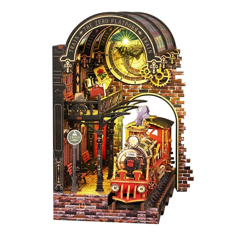 Diy Wooden Book Nook Shelf Insert Kit Miniature Model The Zero Platform Train Bookend Doll House Decor For Birthday Gifts