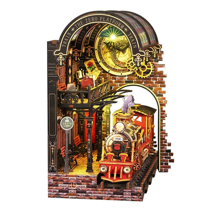 Diy Wooden Book Nook Shelf Insert Kit Miniature Model The Zero Platform Train Bookend Doll House Decor For Birthday Gifts