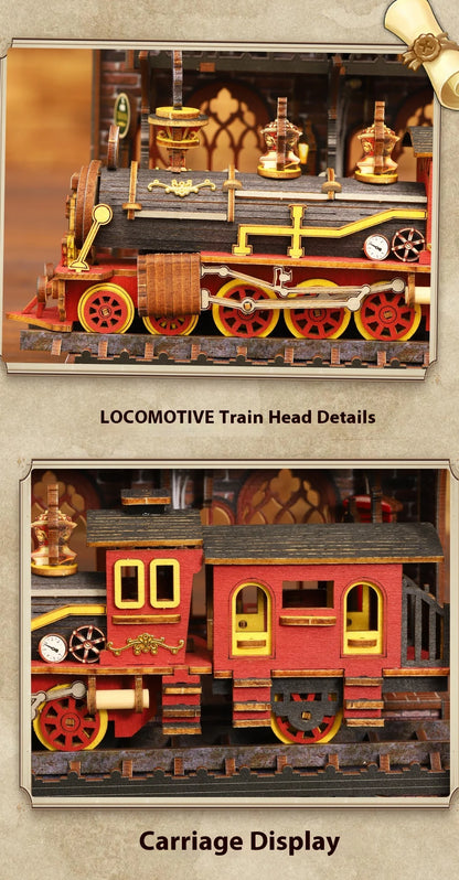 Diy Wooden Book Nook Shelf Insert Kit Miniature Model The Zero Platform Train Bookend Doll House Decor For Birthday Gifts