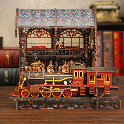 Diy Wooden Book Nook Shelf Insert Kit Miniature Model The Zero Platform Train Bookend Doll House Decor For Birthday Gifts