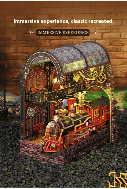 Diy Wooden Book Nook Shelf Insert Kit Miniature Model The Zero Platform Train Bookend Doll House Decor For Birthday Gifts